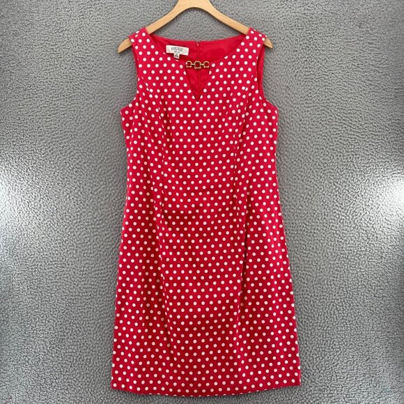 Kasper Dress Womens 10 Red Polka Dot Sheath Notch V Neck Mini Sleeveless Casual - Picture 1 of 10